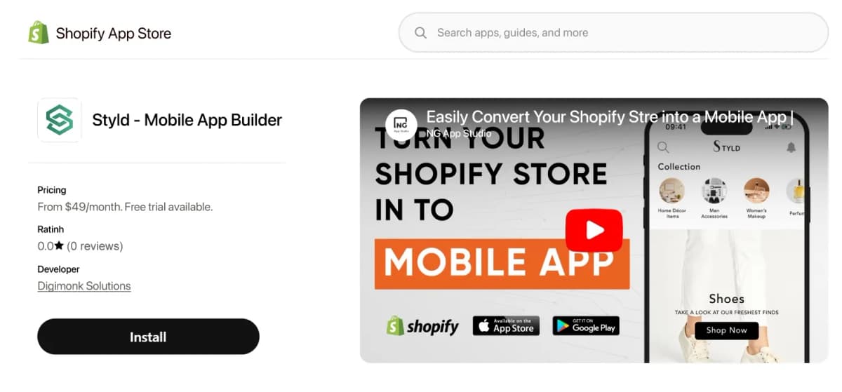 Styld mobile app builder on the Shopify App Store