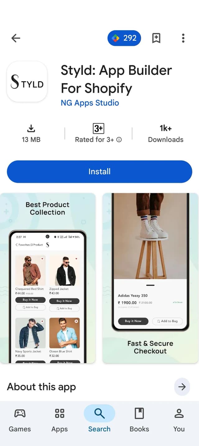 Google Play listing for Styld mobile app builder, showing the app listing and Install button