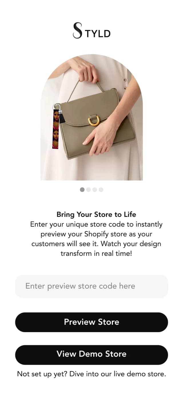Styld mobile app preview screen with options to preview a store or view the demo store