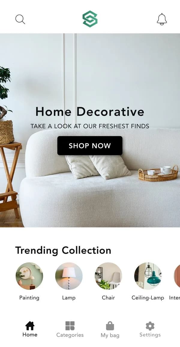 Branded mobile app home screen with a promotional hero banner and a Trending Collection category row