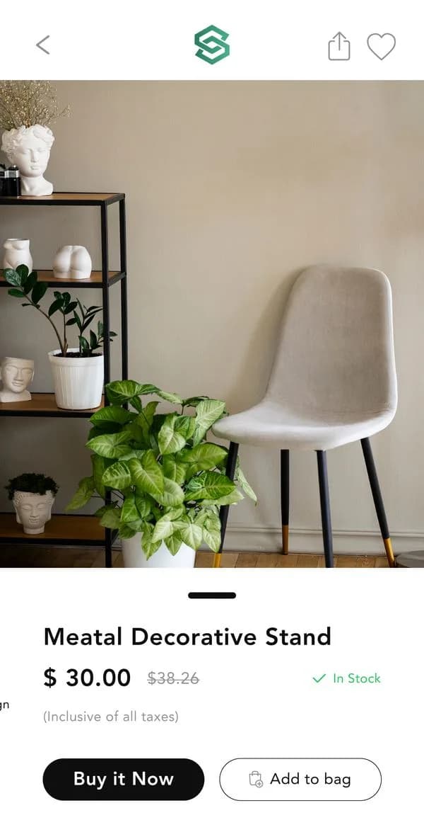 Mobile app product page for a Metal Decorative Stand at $30.00, reduced from $38.26, with Buy it Now and Add to bag buttons