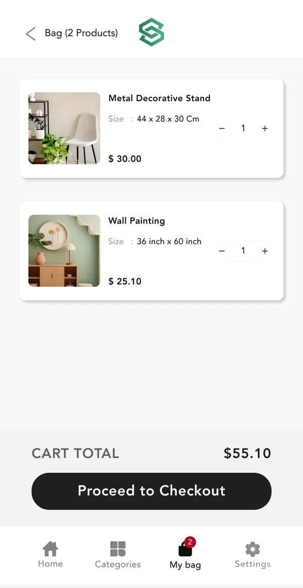 Mobile app shopping bag holding two products with a $55.10 cart total and a Proceed to Checkout button